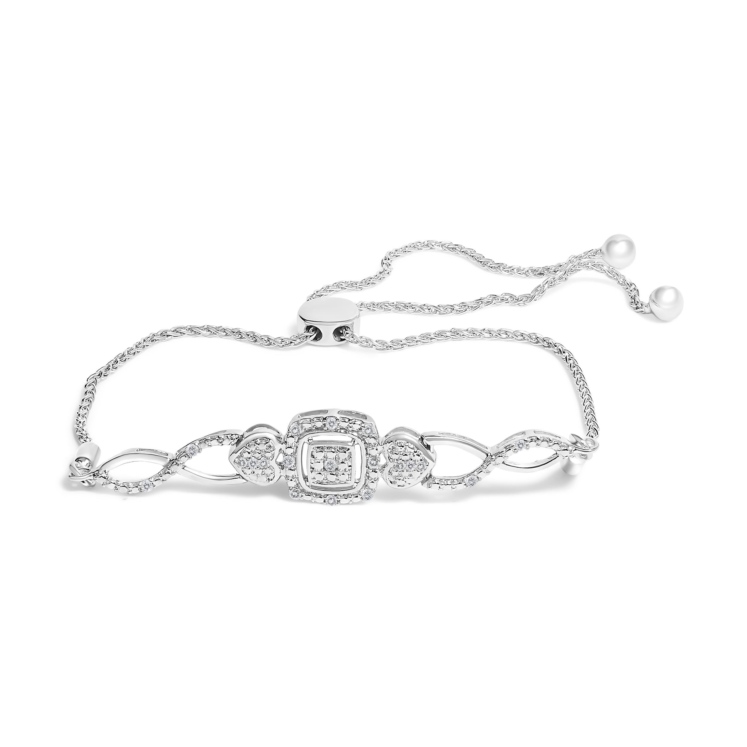  Haus of Brilliance .925 Sterling Silver Diamond Cushion Frame Heart-Sides Twist 4”-10” Adjustable Bolo Tennis Bolo Bracelet (I-J Color, I3 Clarity) - Default Title - Bonton