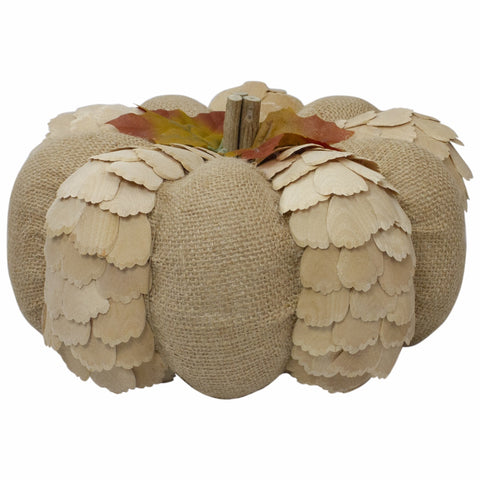 Autumn Harvest Burlap and Wood Pumpkin Decoration - 9" - Tan