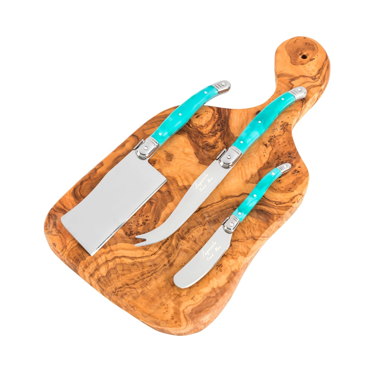  French Home Olive Wood 13-Inch Cheese Board and Set of 3 Laguiole Cheese Knives With Faux Turquoise Handles - Default Title - Bonton