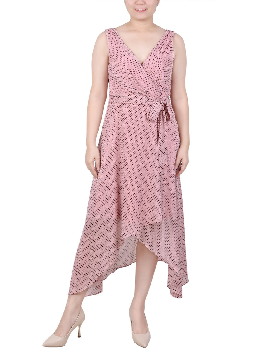  NY Collection Petite Sleeveless Wrap Chiffon Dress - Blush Black Dot - Bonton