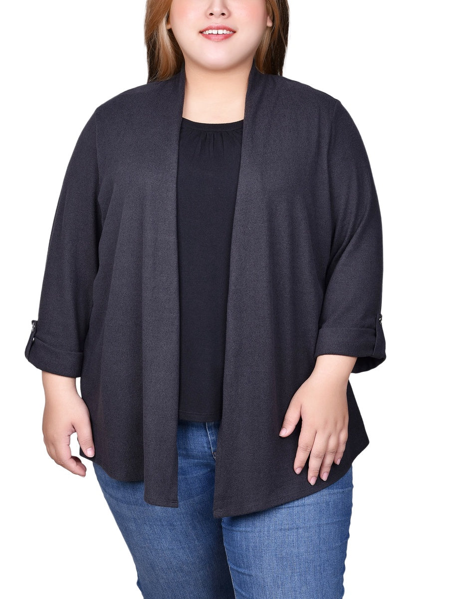  NY Collection Plus Size Roll Tab Sleeve 2Fer Set - Charcoal Grey - Bonton