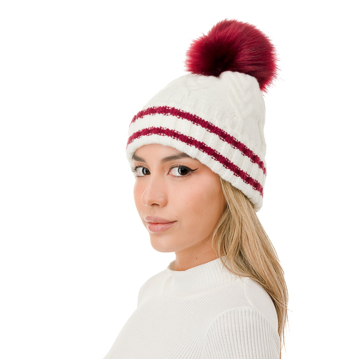  Marcus Adler Knit Pom Varsity Beanie - Burgendy - Bonton