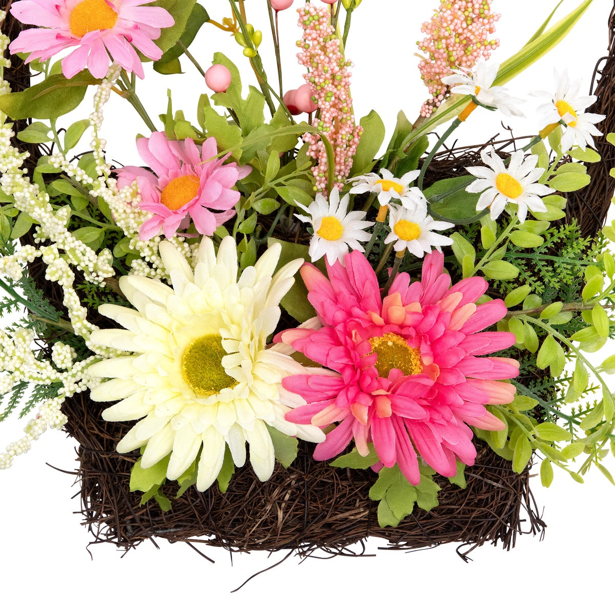  Northlight Chrysanthemum and Daisy Twig Basket Wreath Spring Decor  Pink and Yellow 17