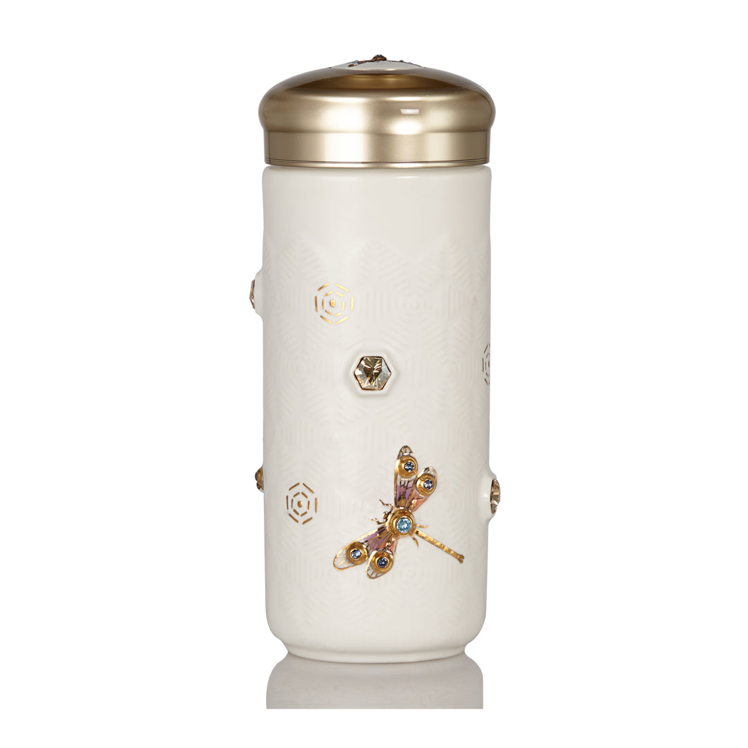  Acera Dragonfly Serenity Travel Mug With Crystals - White and Hand Painted Gold with Crystals - Bonton