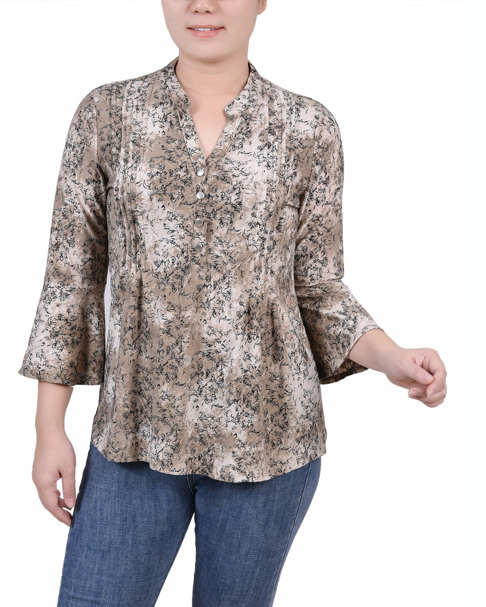  NY Collection 3/4 Bell Sleeve Pleat Front Y Neck Top - Mauve Tie Dye - Bonton