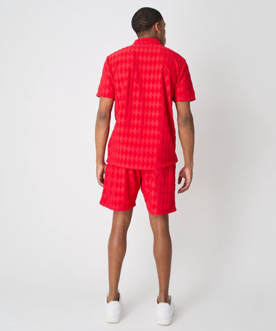 Diamond Plate Towel Color Blocked Short Sleeve Button Down Shirt - Red