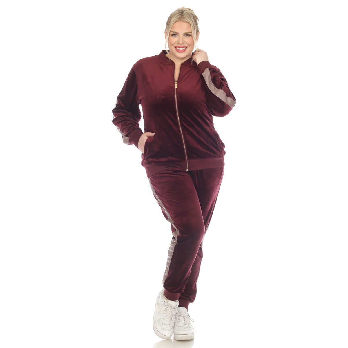  White Mark Plus Size 2-Piece Velour With Faux Leather Stripe - 1X - Bonton