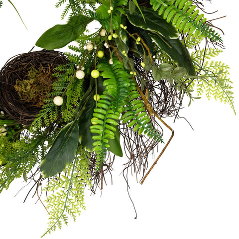 Green and Brown Foliage Artificial Spring Wreath With Nest - 24" - Unlit