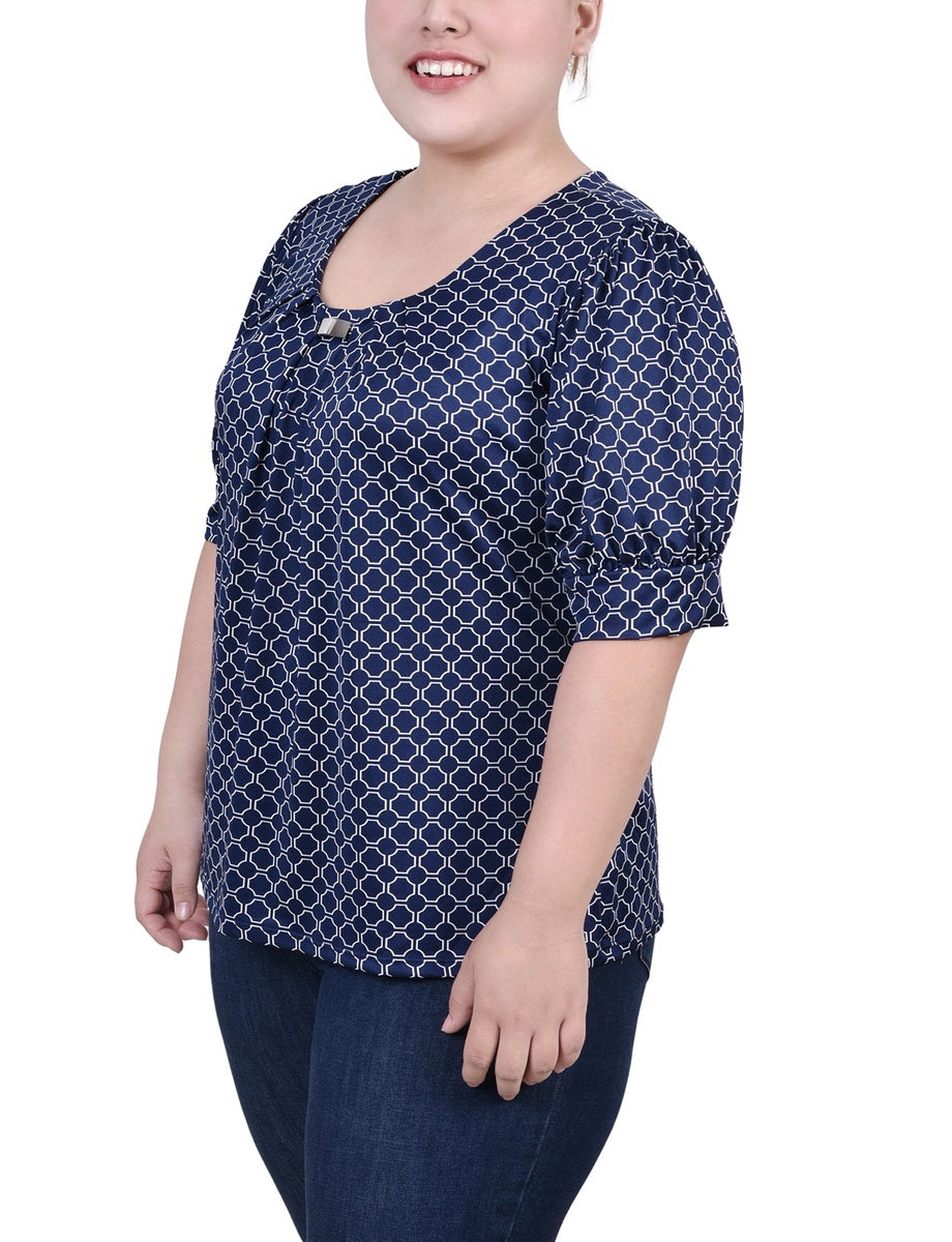  NY Collection Plus Size Short Sleeve Balloon Sleeve Top With Hardware - Black Taupe Zebra - Bonton