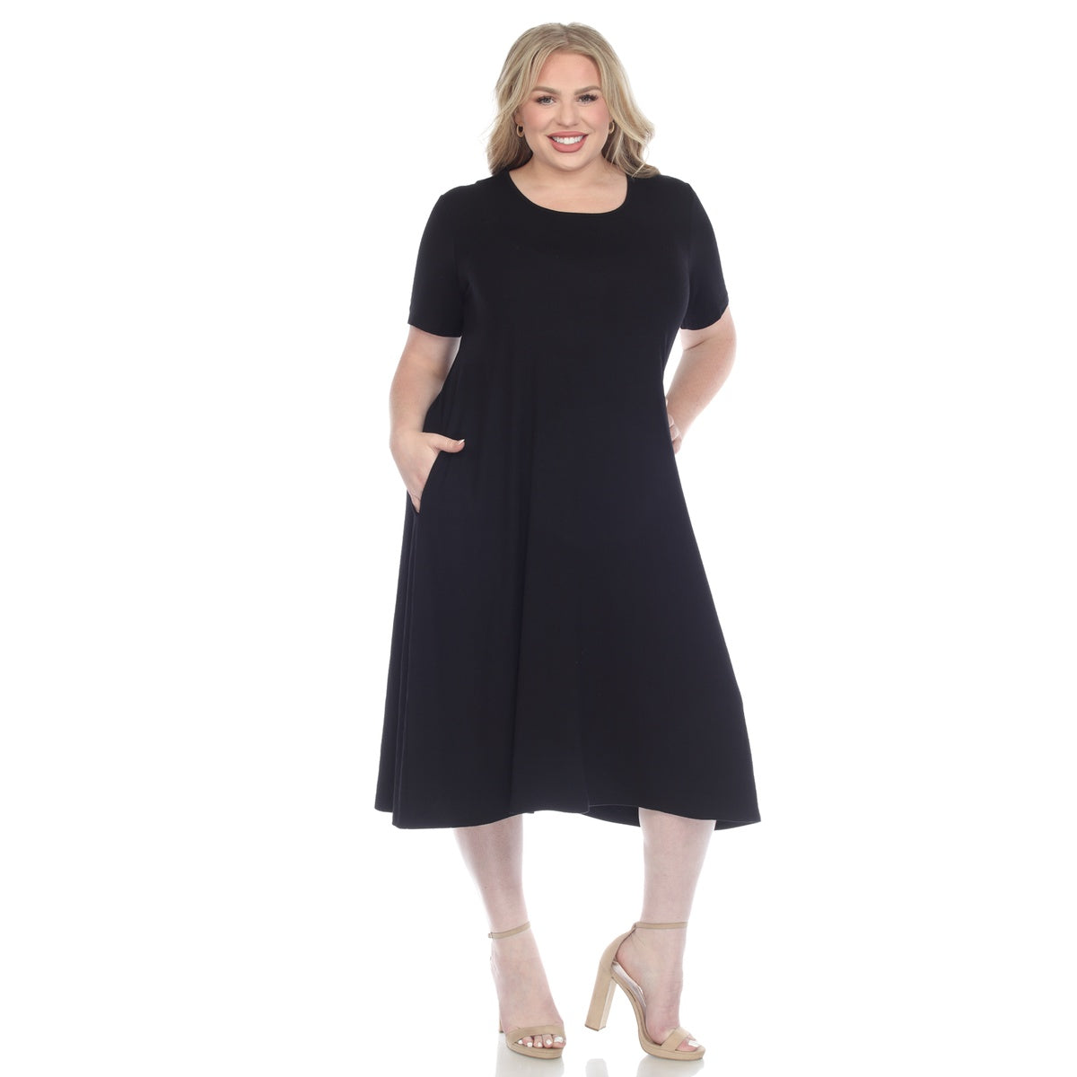  White Mark Plus Size Short Sleeve Pocket Swing Midi Dress - 3X - Bonton