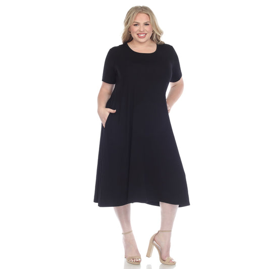 Plus Size Short Sleeve Pocket Swing Midi Dress