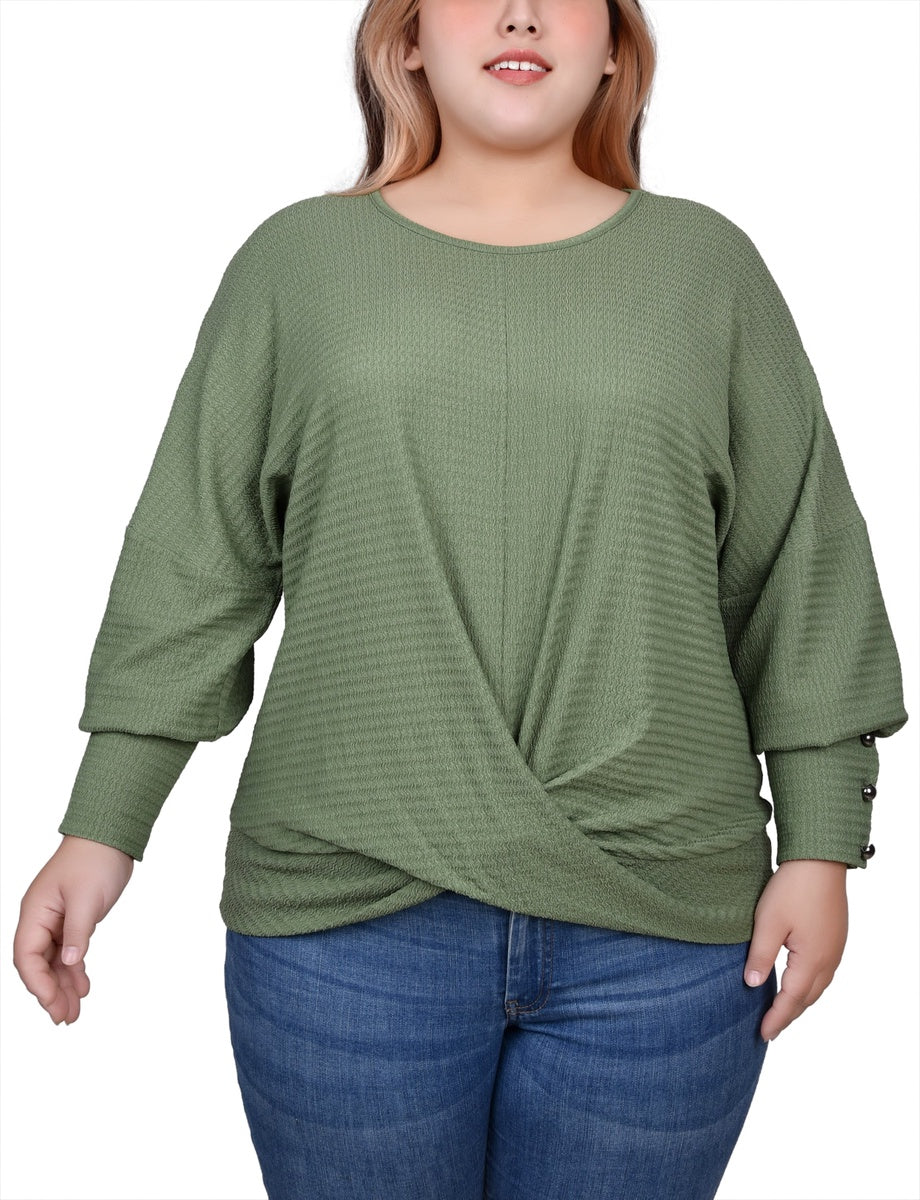  NY Collection Plus Size Long Sleeve Textured Knit Top - Avocado - Bonton