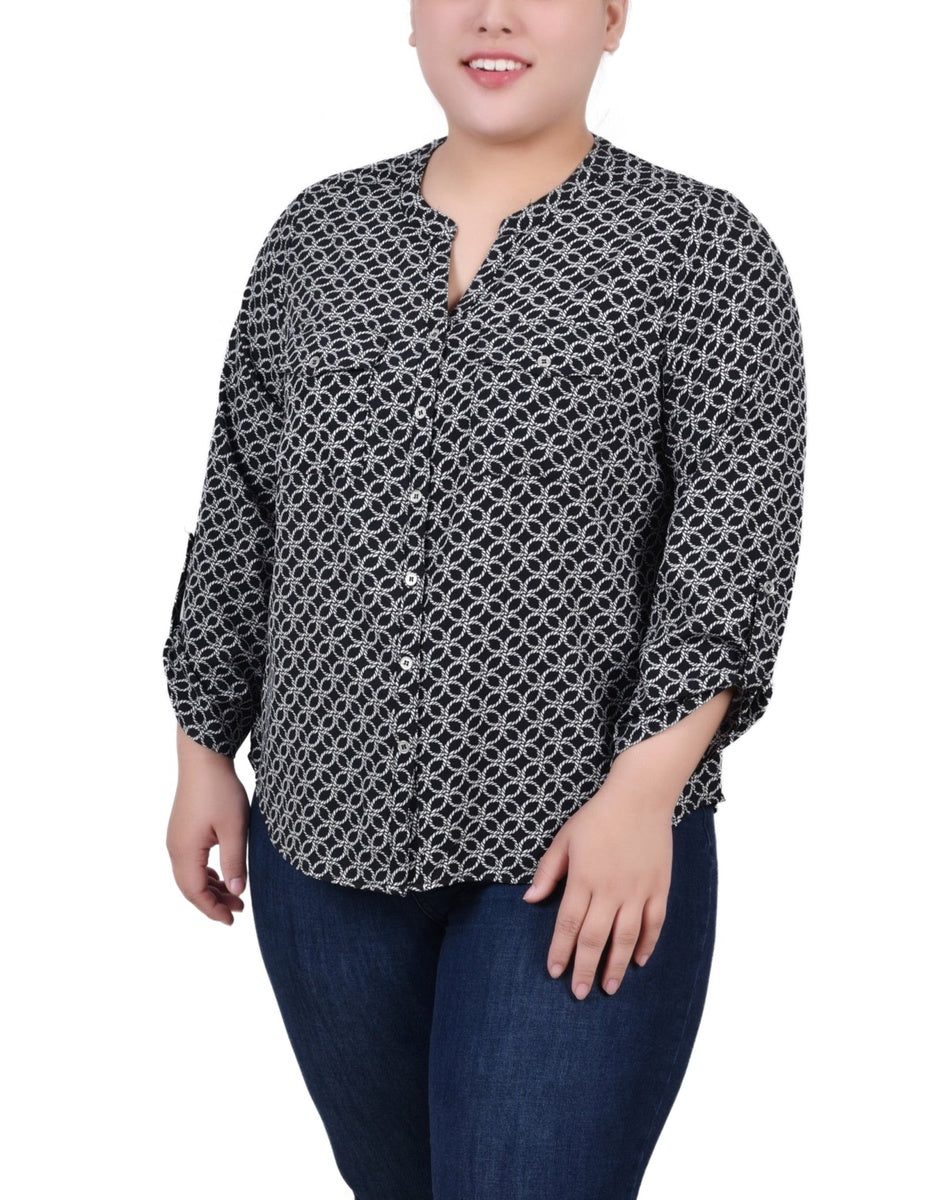  NY Collection Plus Size 3/4 Roll Tab Sleeve Y-Neck Blouse - Black White Rope Iconic - Bonton