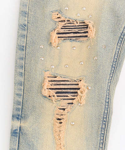 Studded Distress Denim Pants - Blue