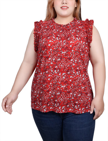 Plus Size Sleeveless Crepe Top With Chiffon Ruffles