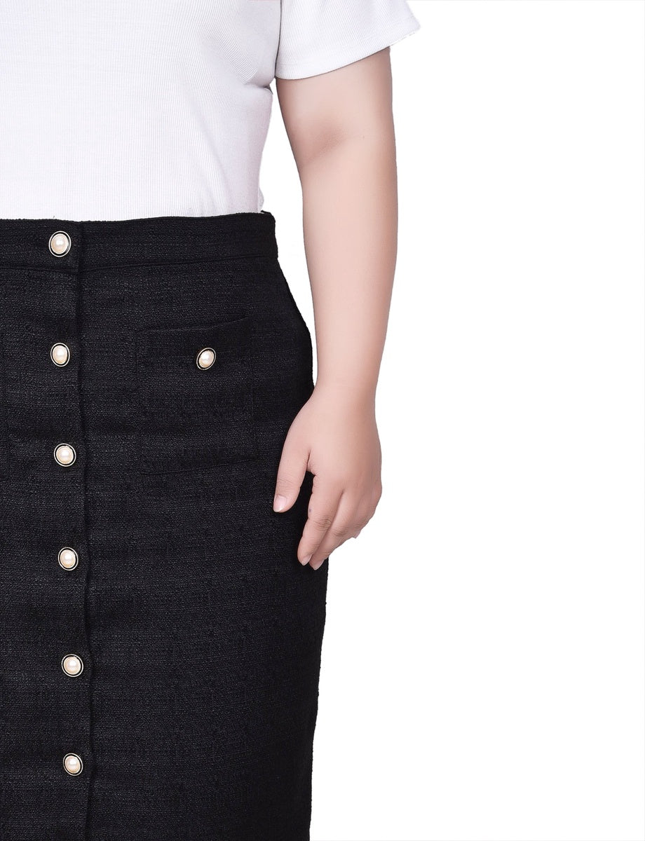  NY Collection Plus Size Slim Tweed Double Knit Skirt With Pockets - Black - Bonton