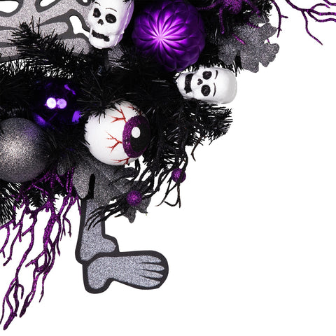 Purple and Black Spooky Skeleton Pine Halloween Wreath  24-Inch  Unlit