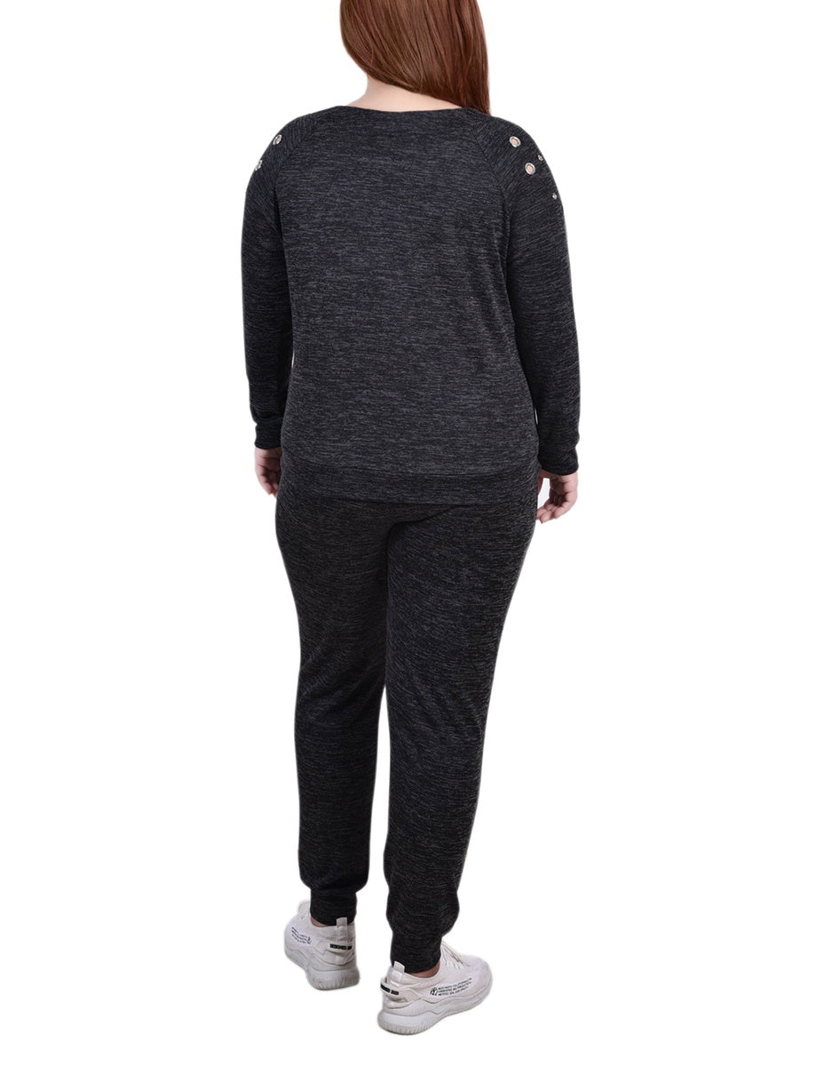  NY Collection Plus Size Long Sleeve Grommet Jogger Set - Black - Bonton