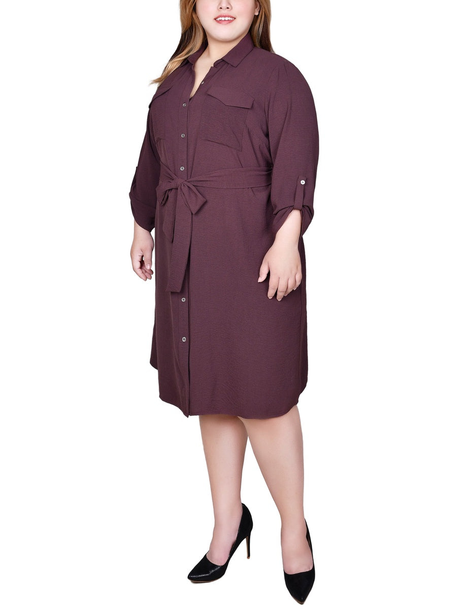  NY Collection Plus Size Long Roll Tab Sleeve Shirtdress - Burnt Olive - Bonton