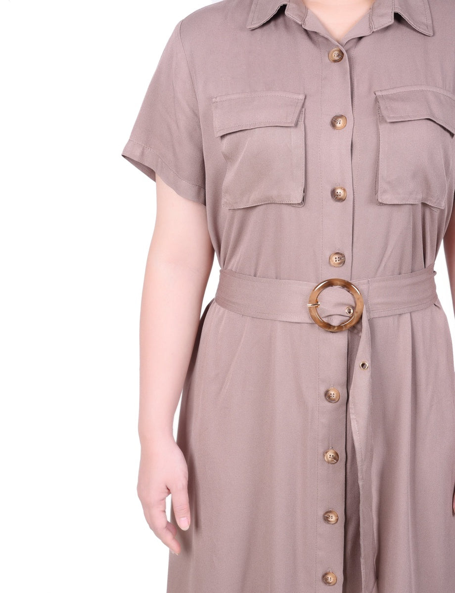  NY Collection Petite Short Sleeve Safari Style Dress - Olive Green - Bonton