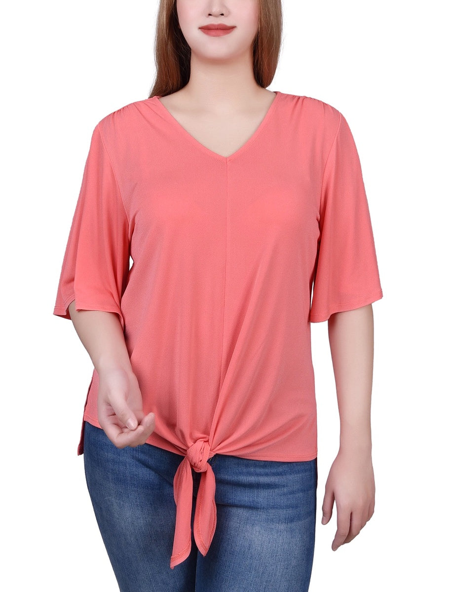  NY Collection Petite Elbow Sleeve Tie-Front Top - Blue Heron - Bonton