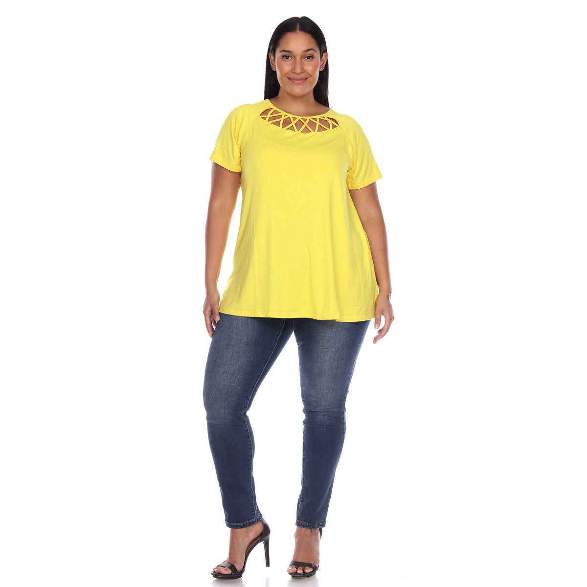  White Mark Plus Size Crisscross Cutout Short Sleeve Top - 1X - Bonton