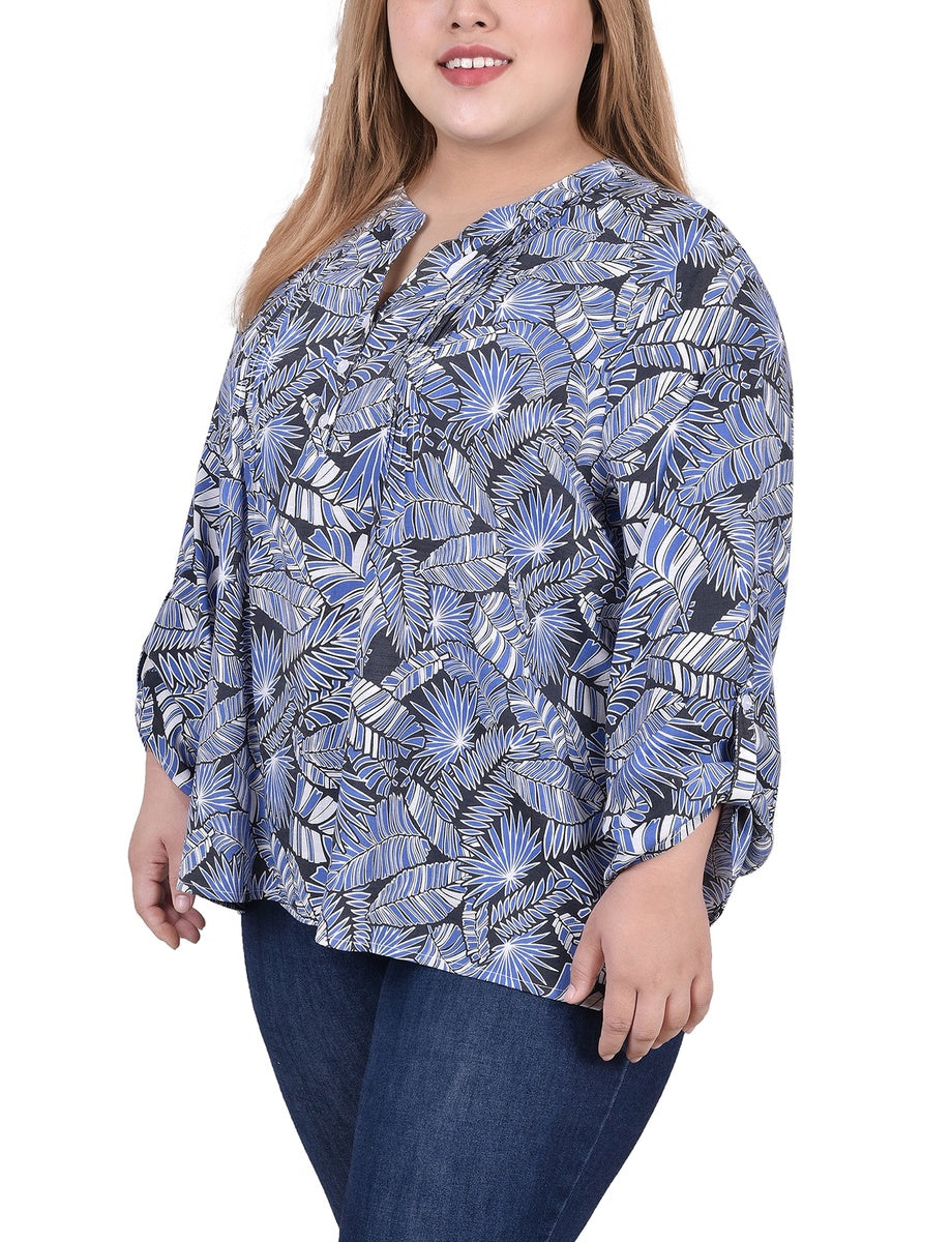  NY Collection Plus Size Long Roll Tab Sleeve Pintuck Front Blouse - Blue Chevron - Bonton