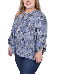 Plus Size Long Roll Tab Sleeve Pintuck Front Blouse