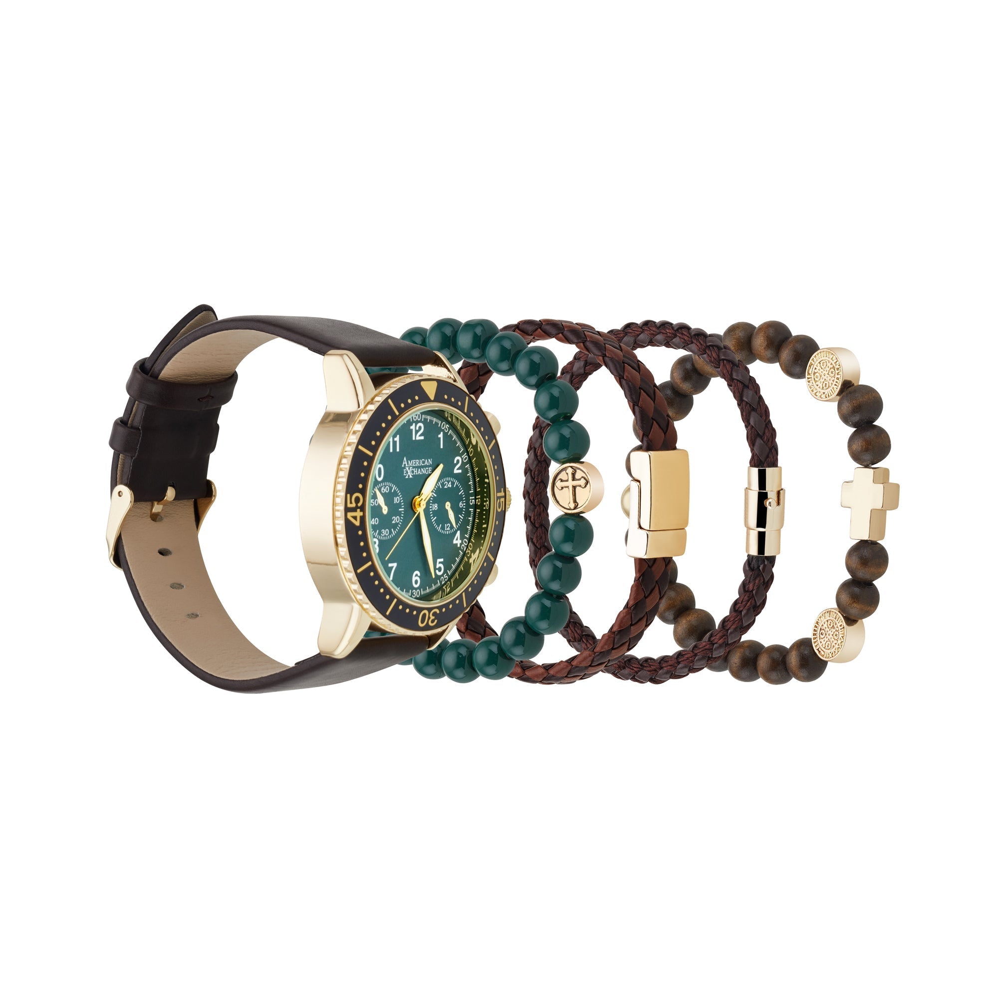  American Exchange Analog Watch-Cross Bead Bracelet Set - Brown - Bonton