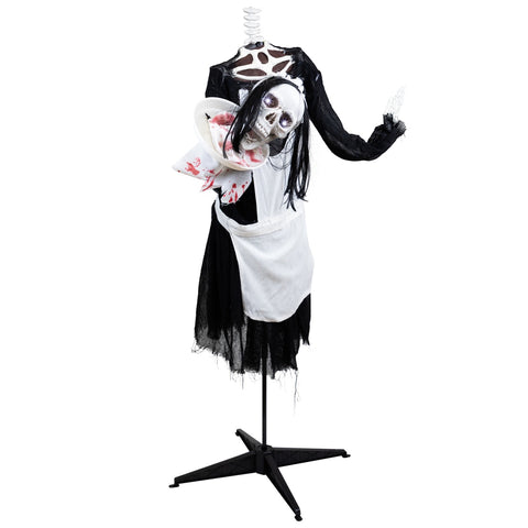 LED Animated Head-in-Hand Skeleton Maid Halloween Decoration - 57" - White Lights