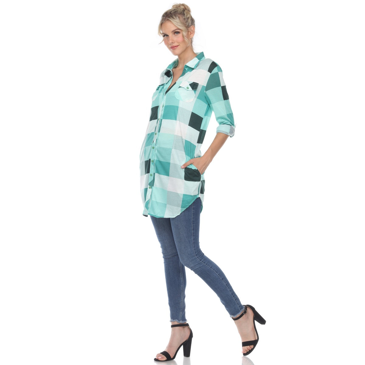  White Mark Women's Plaid Button Down Tunic Top - S - Bonton