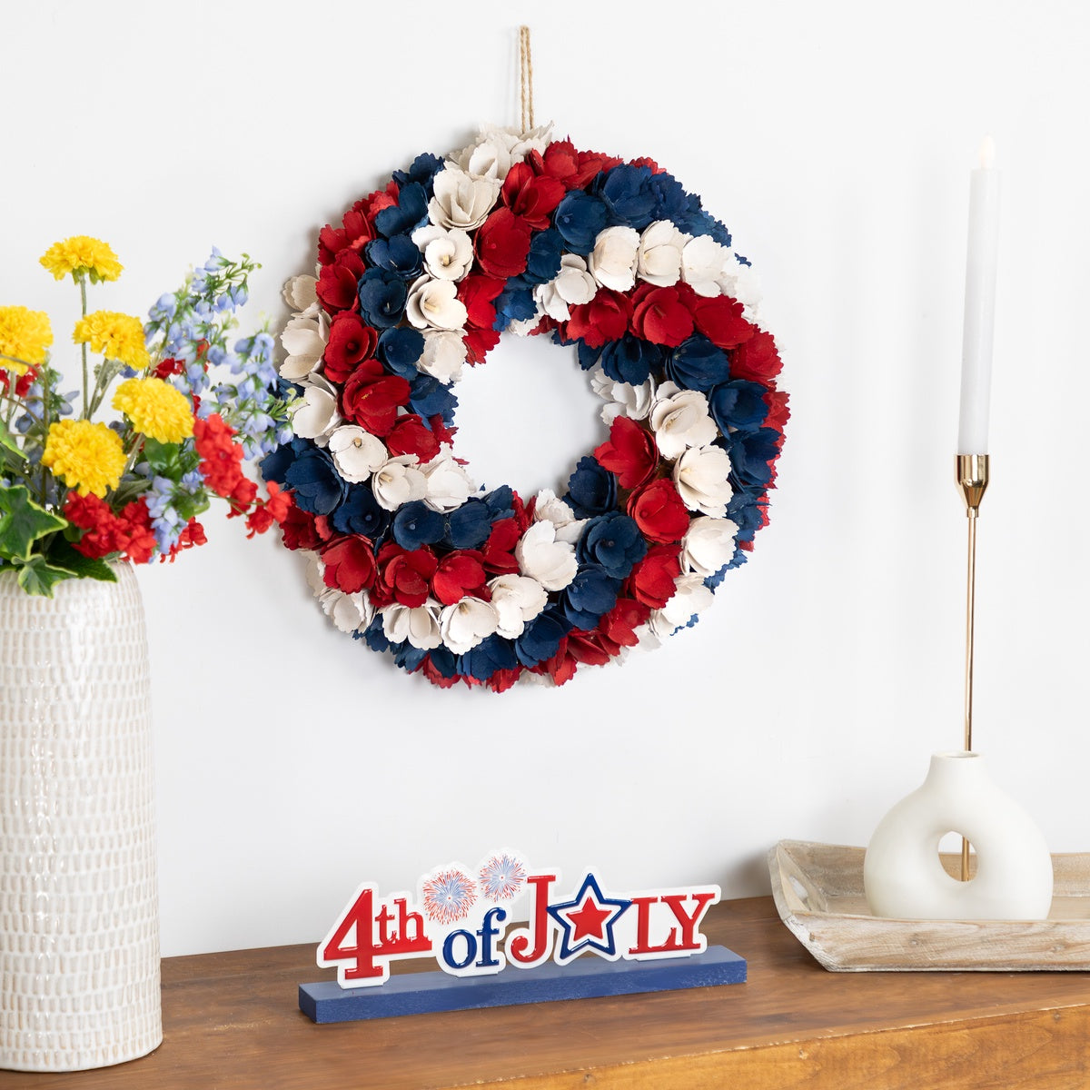  Northlight Floral Wood Shavings Patriotic Wreath - 14