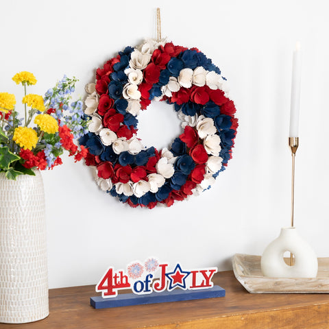 Floral Wood Shavings Patriotic Wreath - 14"