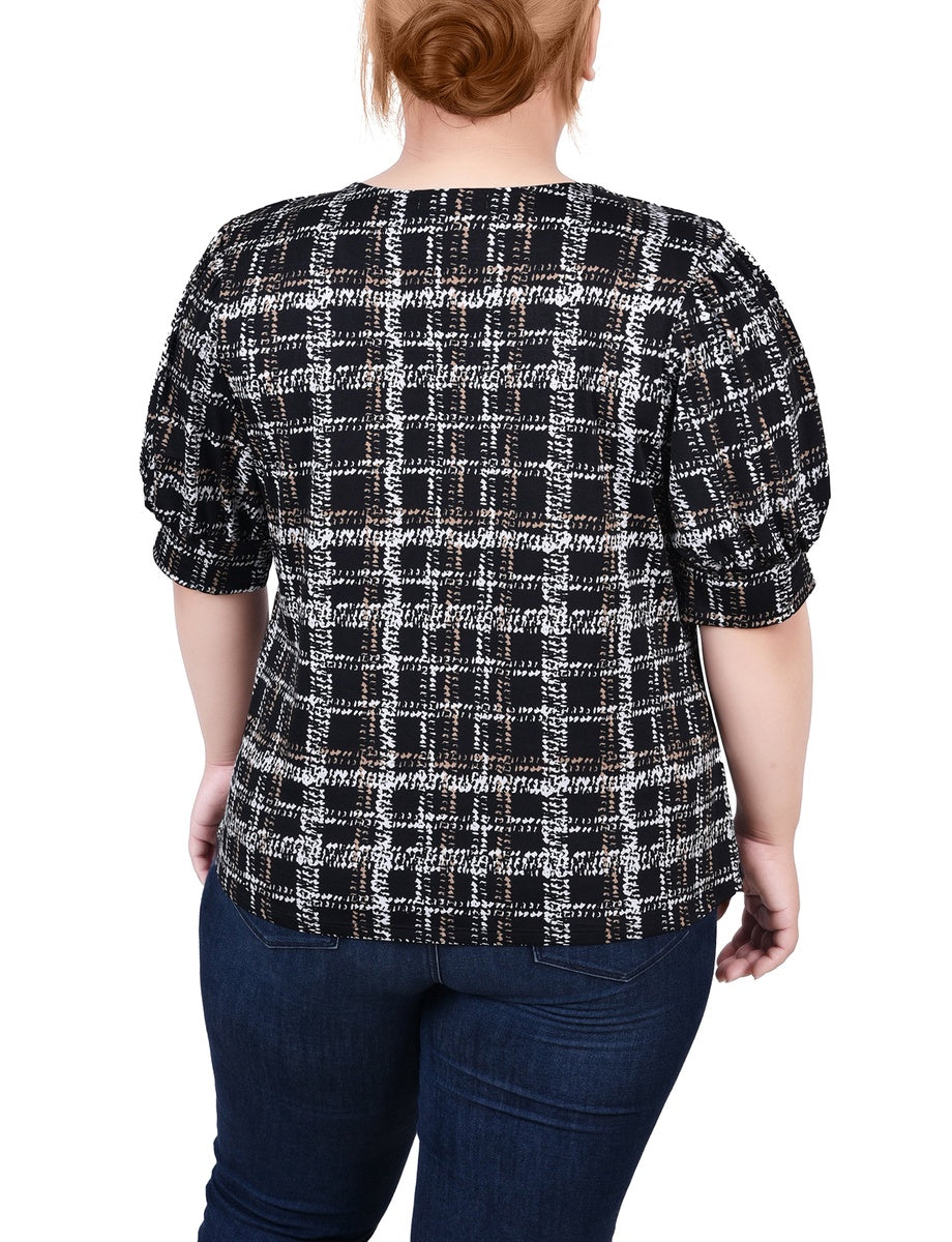  NY Collection Plus Size Short Sleeve Balloon Sleeve Top With Hardware - Black Taupe Zebra - Bonton