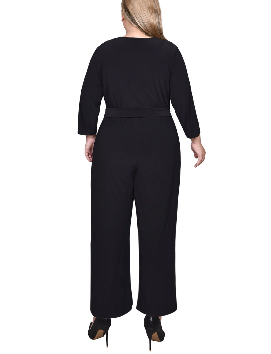  NY Collection Plus Size 3/4 Sleeve Belted Jumpsuit - Black Gold Chain Link - Bonton