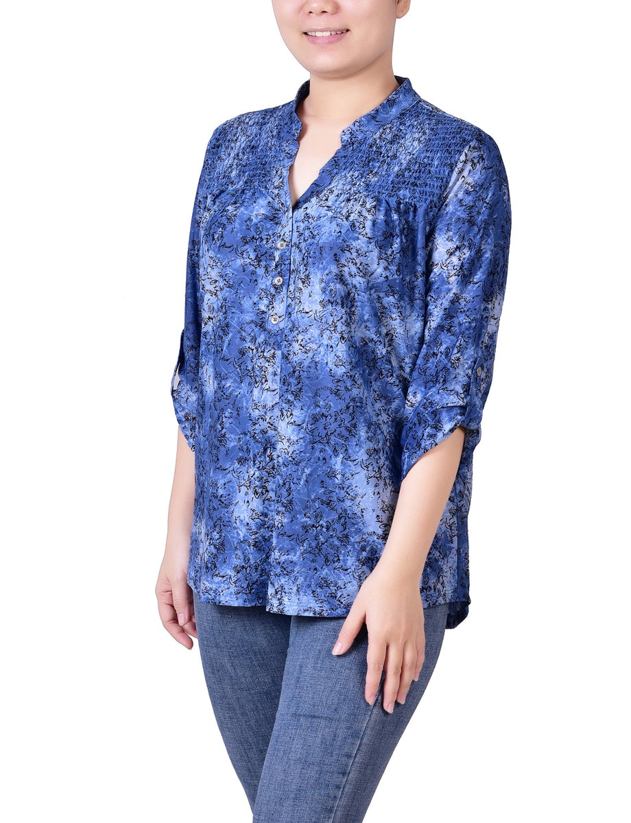  NY Collection Petite 3/4 Roll Tab Sleeve Smocked-Yoke Top - Etch Dark Blue - Bonton