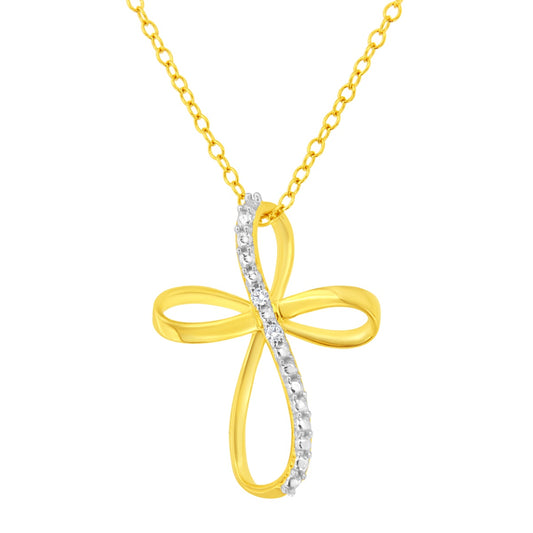 10K Yellow Gold Plated .925 Sterling Silver Diamond Accent Cross Ribbon 18" Pendant Necklace (I-J Color, I2-I3 Clarity)