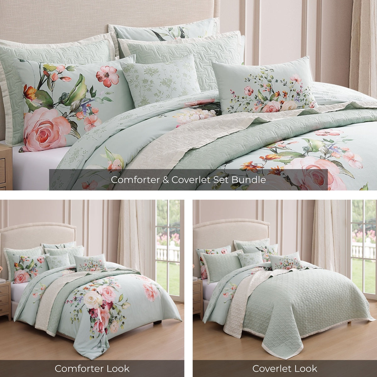  Bebejan Bebejan Rose on Misty Green 8 Piece Reversible Comforter & Coverlet Set - QUEEN - Bonton