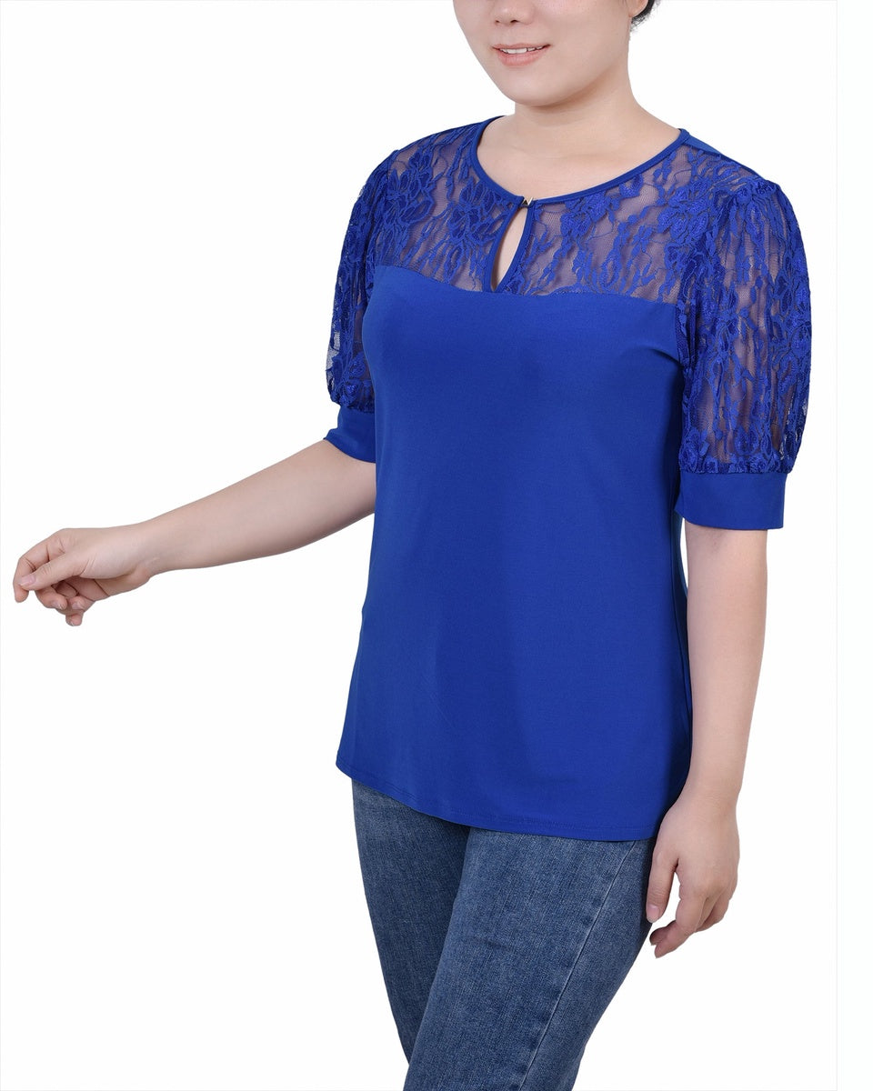  NY Collection Petite Short Puff Sleeve Top With Lace Sleeves and Yoke - Black - Bonton