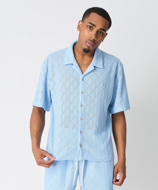 Diamond Plate Towel Color Blocked Short Sleeve Button Down Shirt - Light Blue
