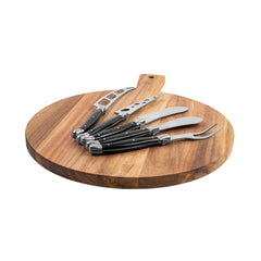 Laguiole 6-Piece Black Pakkawood Artisan Cheese Knife Set and Round Wood Board