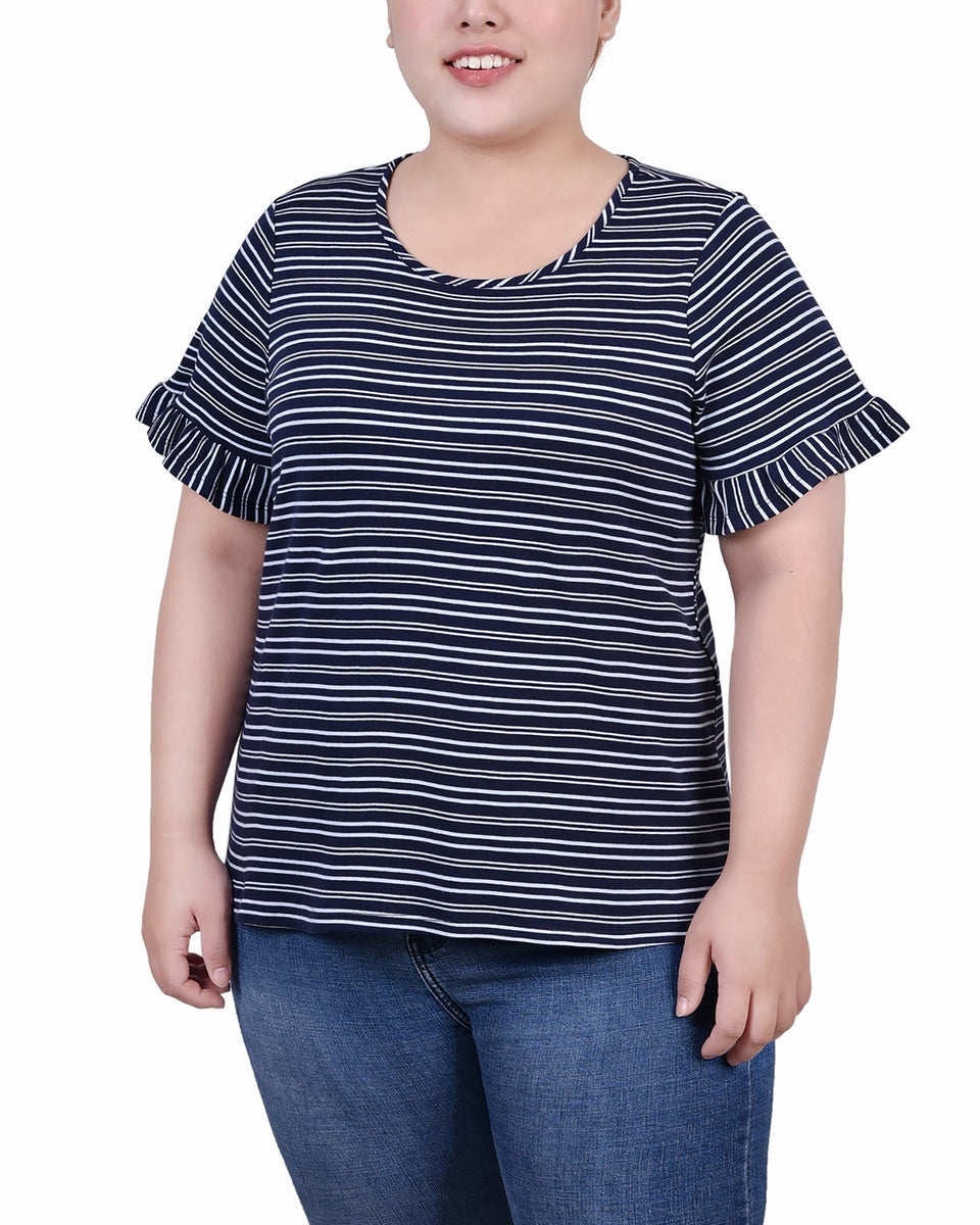  NY Collection Plus Size Short Bell Sleeve Top - Navy Double Stripe - Bonton