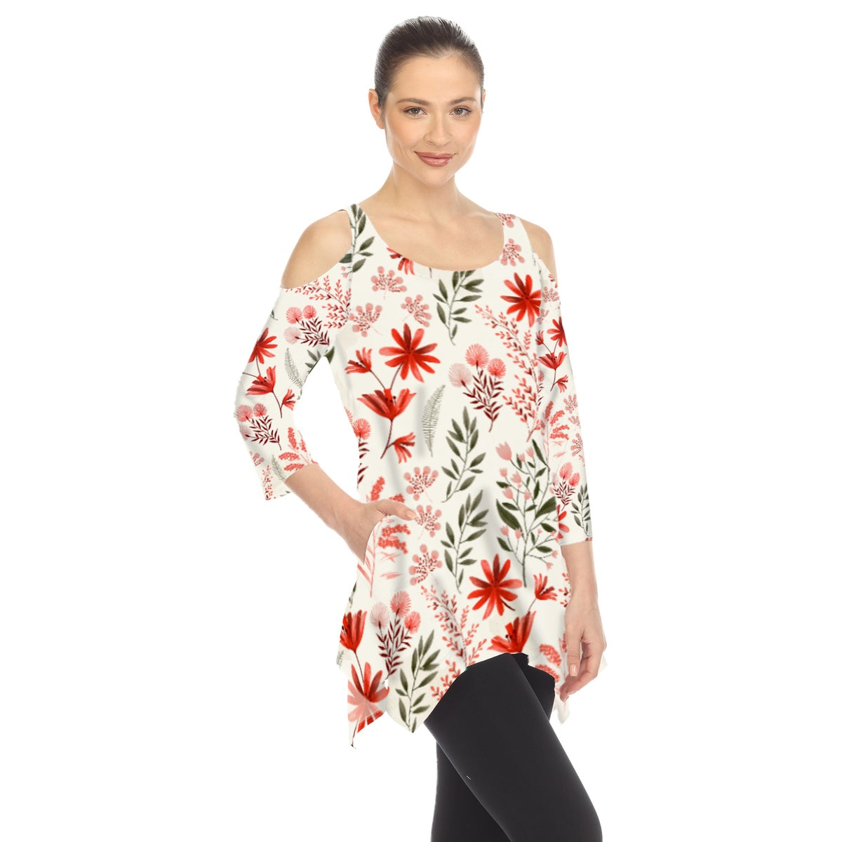  White Mark Women's Floral Printed Cold Shoulder Tunic - S - Bonton