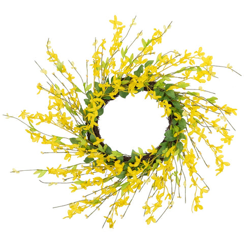 Forsythia and Leaves Artificial Spring Floral Wreath  Yellow - 20-Inch
