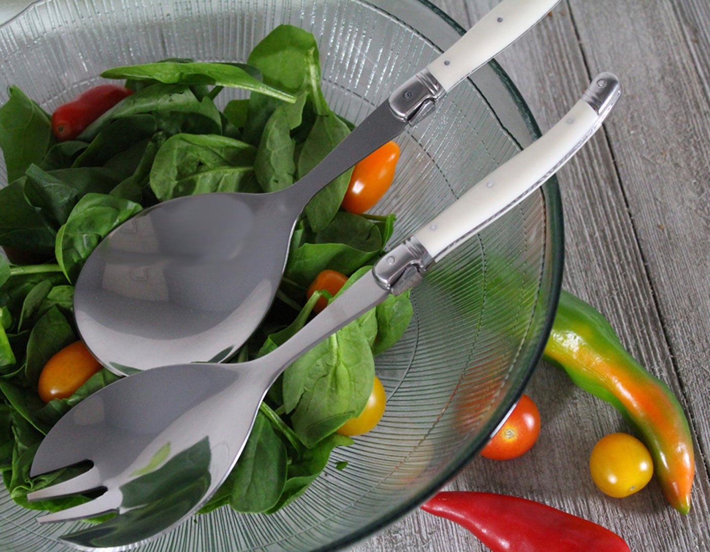  French Home Recycled Glass Birch Salad Bowl and Laguiole Servers With Faux Ivory Handles - Default Title - Bonton