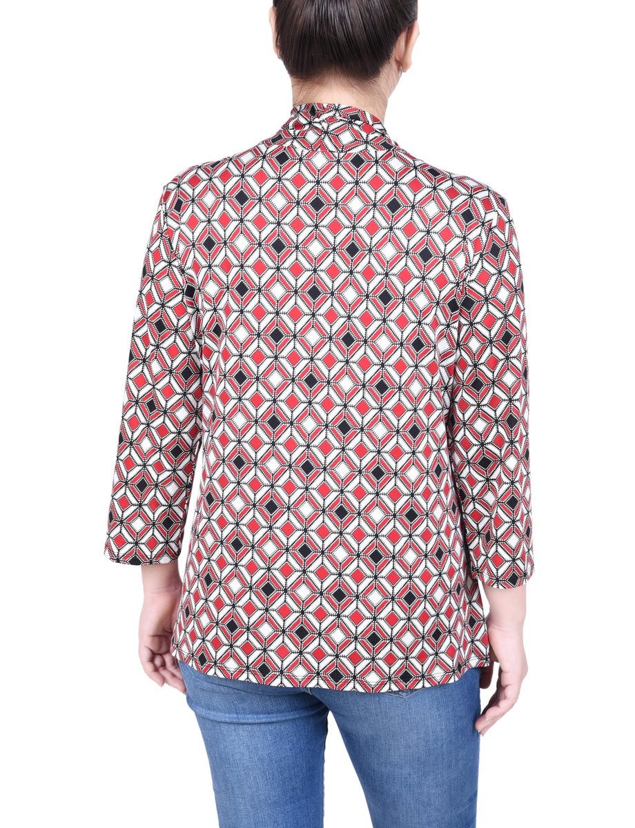  NY Collection Petite Puff Print 3/4 Sleeve Two-Fer Top - Jester Red Ivory Geo - Bonton