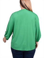 Plus Size Long Sleeve Pintuck Front Top With Chain Details