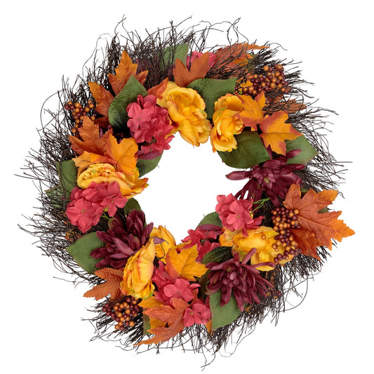 Peony and Mum Artificial Fall Harvest Wreath  24-Inch