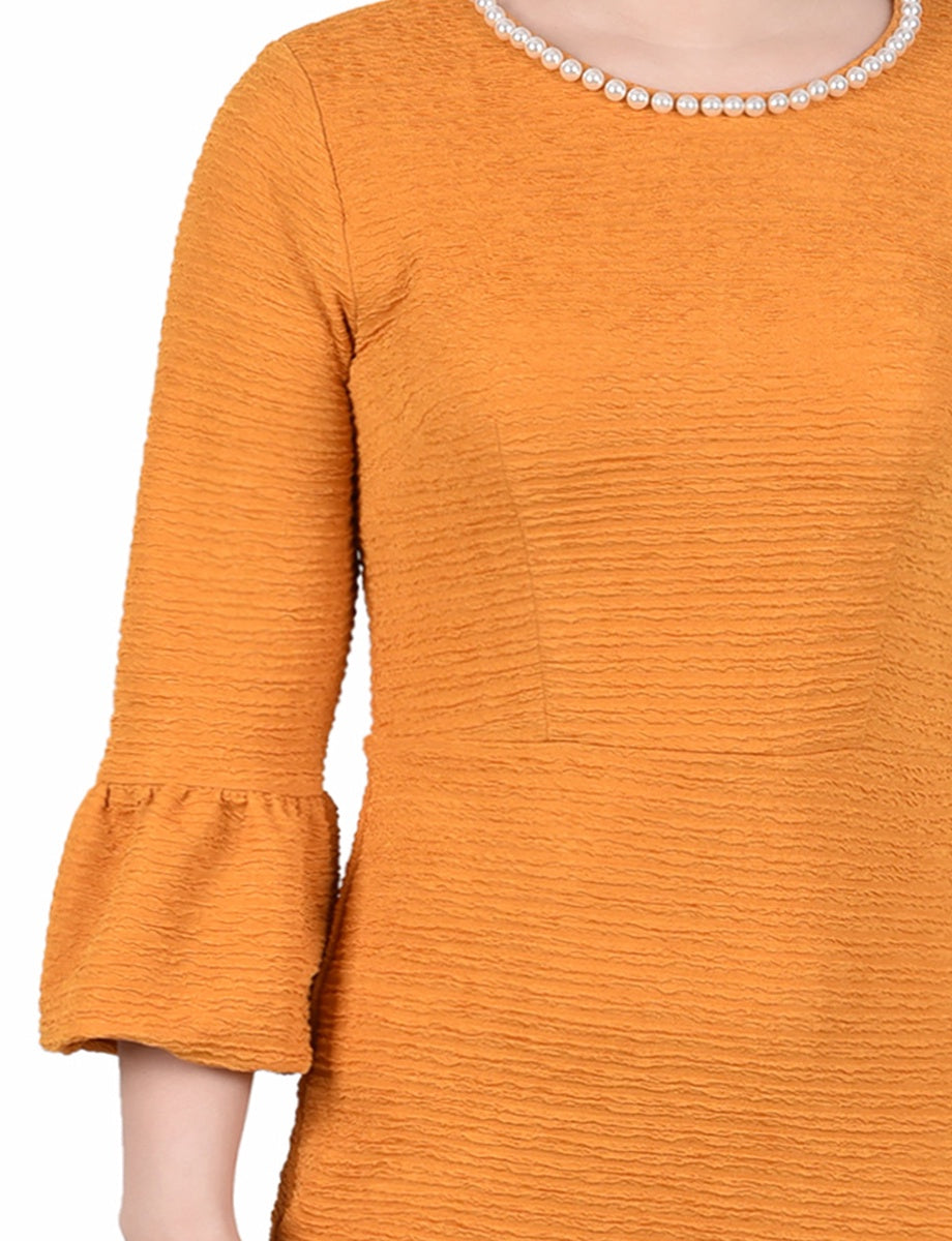  NY Collection 3/4 Length Bell Sleeve Dress - Mustard - Bonton