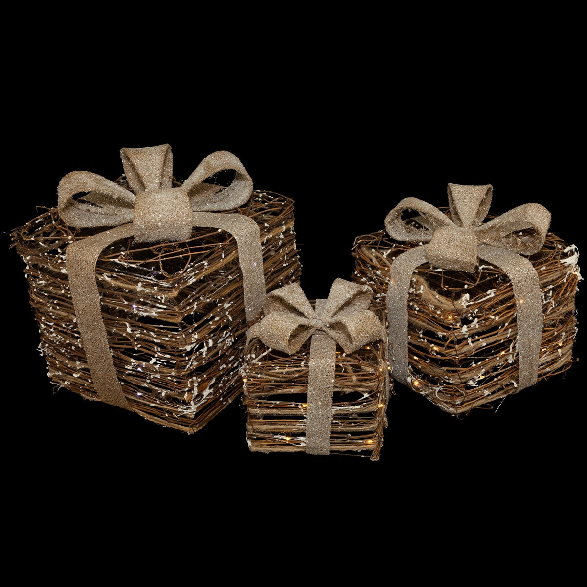  Northlight Lighted Rattan Gift Boxes With Burlap Bows Christmas Decorations - 9